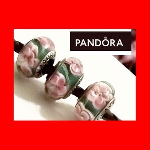 PANDORA X 3 PINK FLOWER GLASS CHARM BEADS X 3